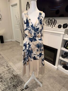 NWT Dkny Blue and Cream Floral Sleeveless V-Neck Midi Dress Size 4